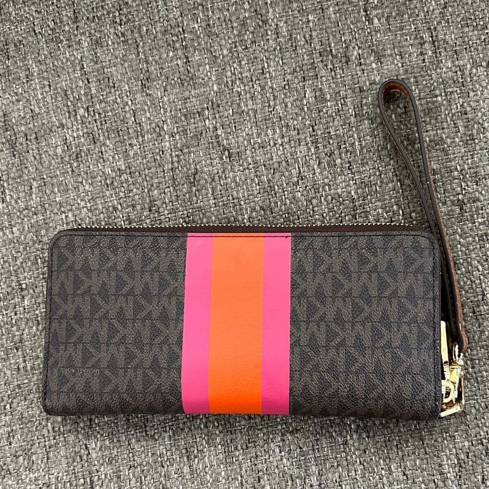 Michael Kors Large Logo Stripe Continental Zip Electric Pink Clutch Wristlet